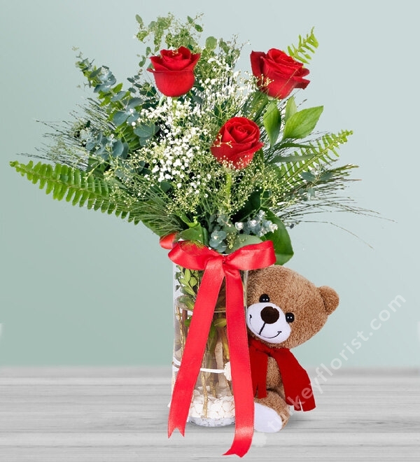 3 Red Roses and Teddy Bear in Vase