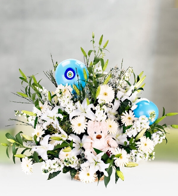 Teddy Bear and Blue Balloons in Flower Basket