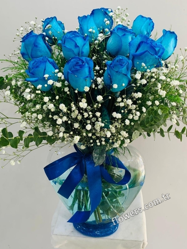 Bright Blue Roses In Heart-shaped Vase