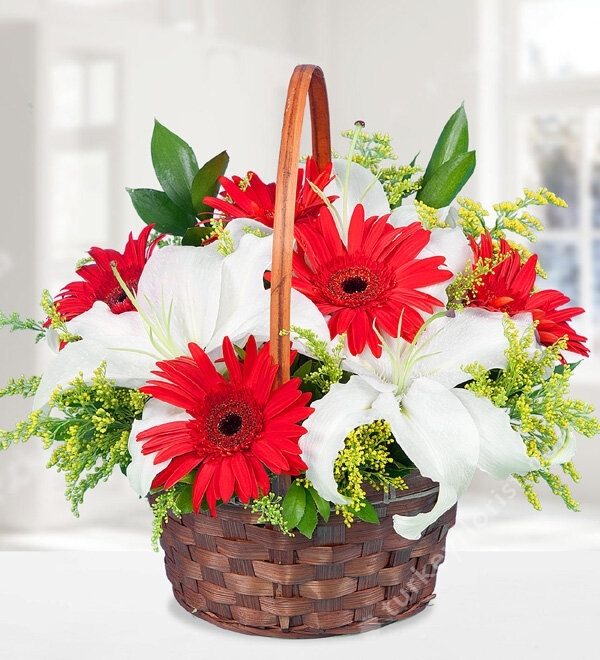 Red Gerberas and Liliums Basket