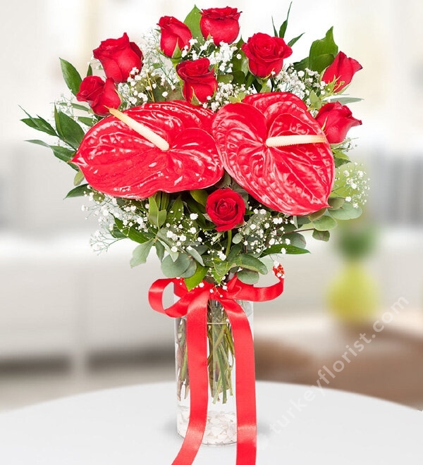 Red Roses and Anthurium in Vase