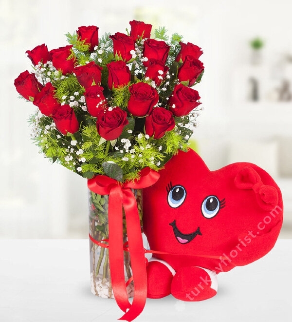 19 Red Roses with Heart Pillow