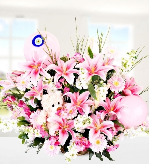 Lilium Gerbera Gillyflower Balloon and Teddy Bear