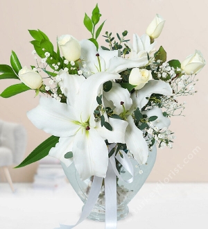 White Roses and Liliums in Heart Vase