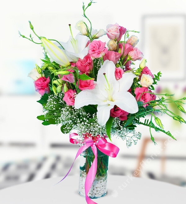 White Lilium and Pink Lisianthus