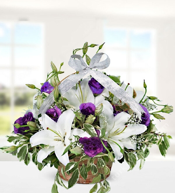 White Lilium Purple Lisianthus Basket