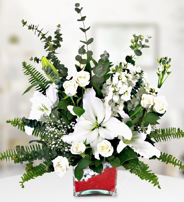 White Lilium Roses in Square Glass